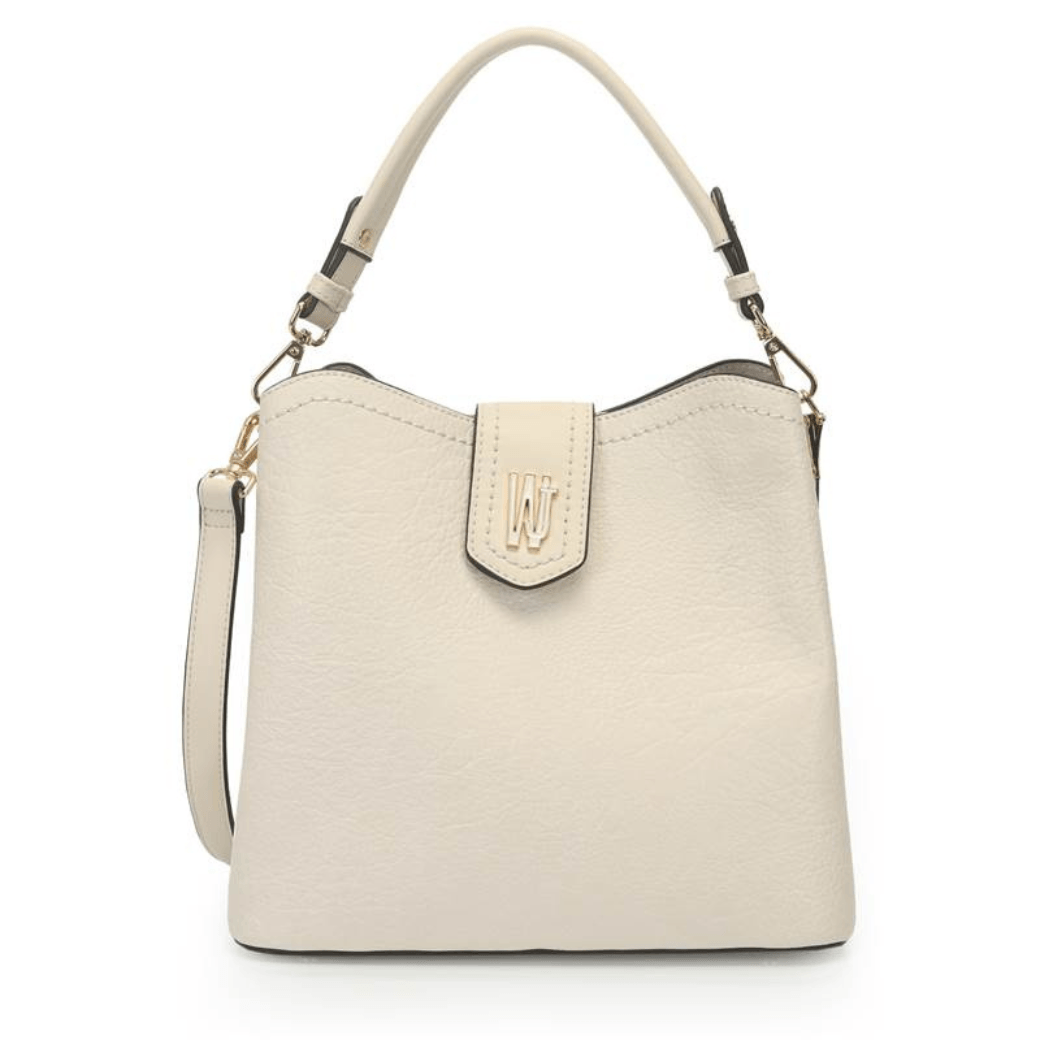 Bolsa de mão feminina WJ cor off white em material sintético com textura granulada, vista frontal